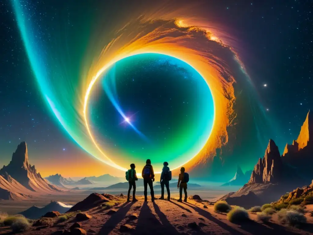 Exploradores frente a un portal interdimensional lleno de energía Un grupo de exploradores se prepara para cruzar un portal interdimensional, con vistas a un paisaje alienígena