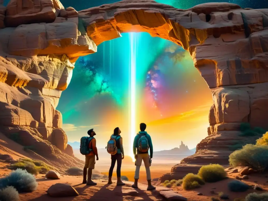 Portal iridiscente a otros mundos: exploradores maravillados Un grupo de exploradores se maravilla ante un portal iridiscente rodeado de energía