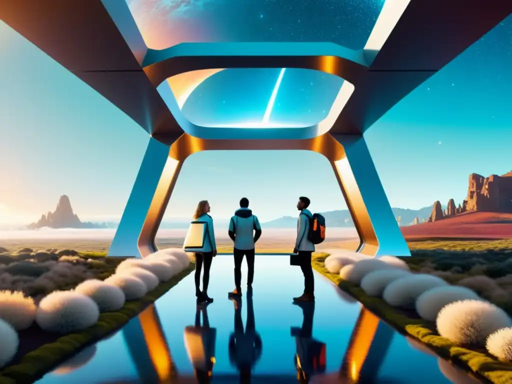 Grupo de exploradores en trajes de alta tecnología atraviesa portal a universo paralelo de arquitectura futurista y naturaleza vibrante