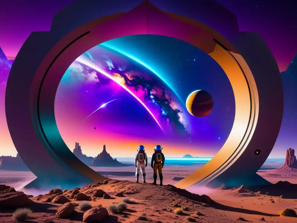 Exploradores frente al portal interdimensional Un grupo de exploradores en trajes espaciales futuristas frente a un portal brillante con colores vibrantes