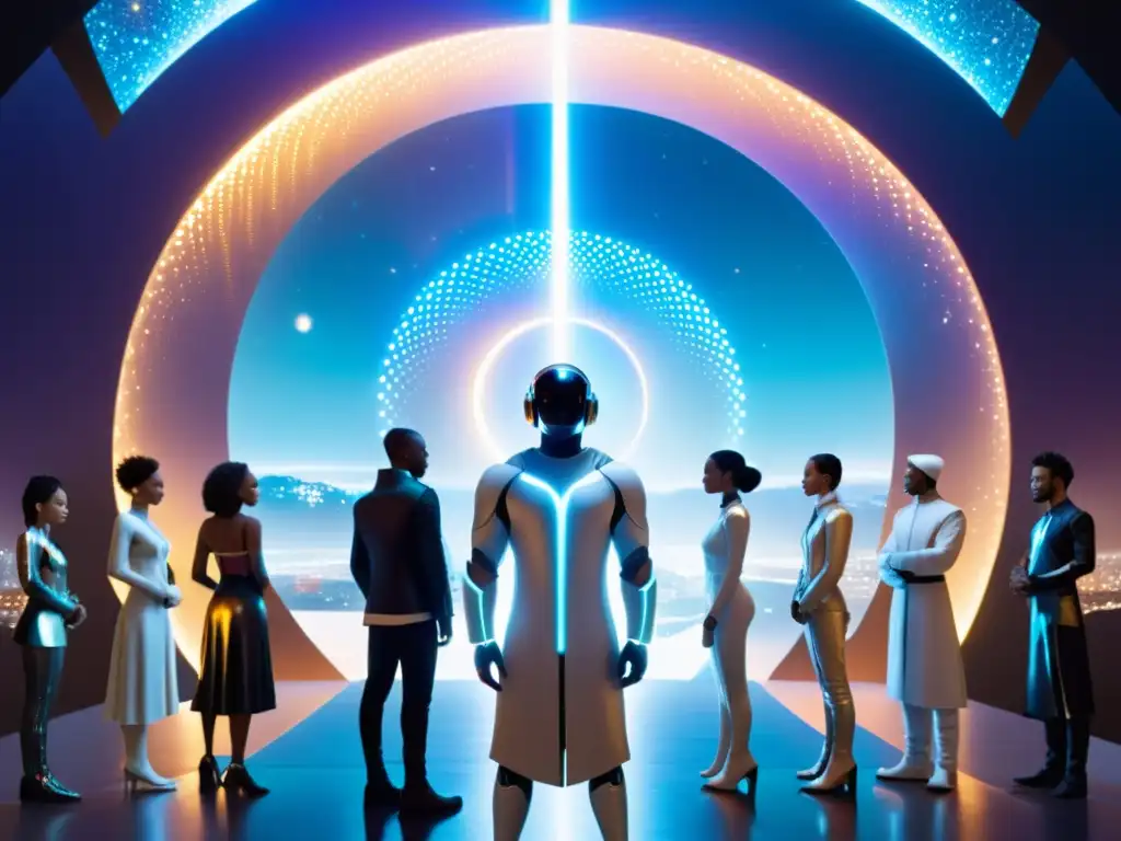Portales Multiversales: Unión de Culturas y Tecnología Un grupo de figuras humanoides diversas frente a un portal brillante que lleva a universos alternos