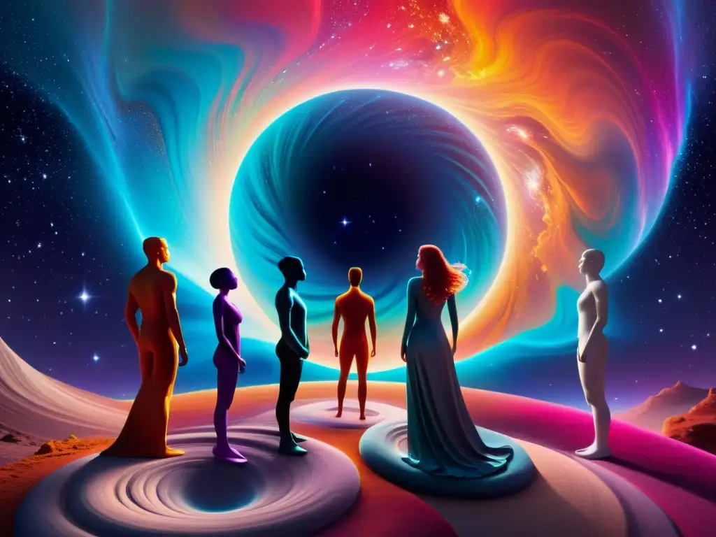 Conversación interdimensional: Figuras de energía en un cosmos brillante Un grupo de figuras humanoides de energía brillante se reúnen en un vórtice de colores vibrantes, explorando las conexiones entre panpsiquismo y viajes interdimensionales