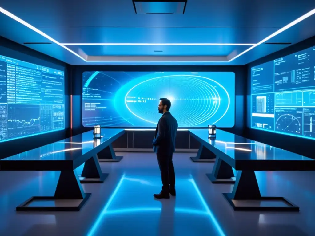 Grupo de físicos en laboratorio futurista trabajando en unificar gravedad y mundo cuántico