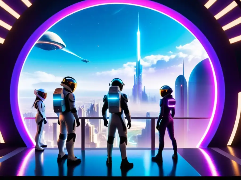 Exploradores del portal hacia el futuro Un grupo de individuos en trajes espaciales futuristas se paran en el borde de un portal reluciente, con una metrópolis futurista visible al otro lado