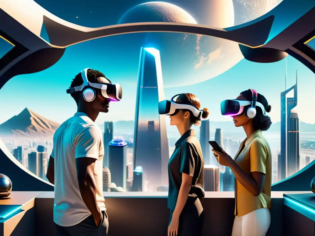 Grupo inmerso en universos paralelos en la realidad virtual, explorando paisajes alienígenas y futuristas en un horizonte digital vibrante
