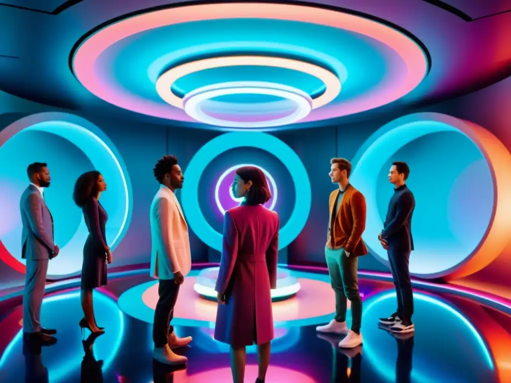 Encuentro interdimensional: Exploración en laboratorio futurista Grupo en laboratorio futurista frente a versiones interdimensionales, reflejando ética y misterio en colores vibrantes