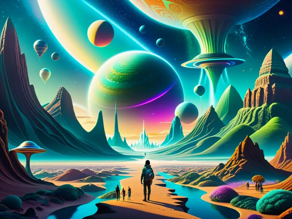 Viaje surreal a dimensiones alienígenas Grupo de personajes explorando dimensiones vibrantes y surrealistas en Viajes interdimensionales en The Invisibles