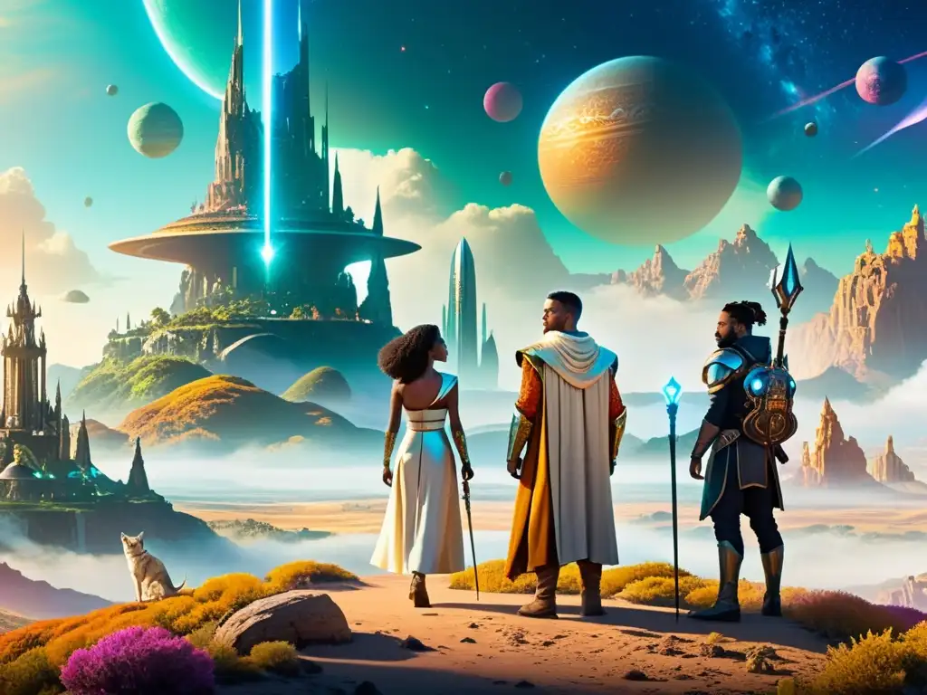Épico encuentro interdimensional de personajes literarios Un grupo de personajes de distintos géneros literarios se unen en un paisaje vibrante y otro mundo
