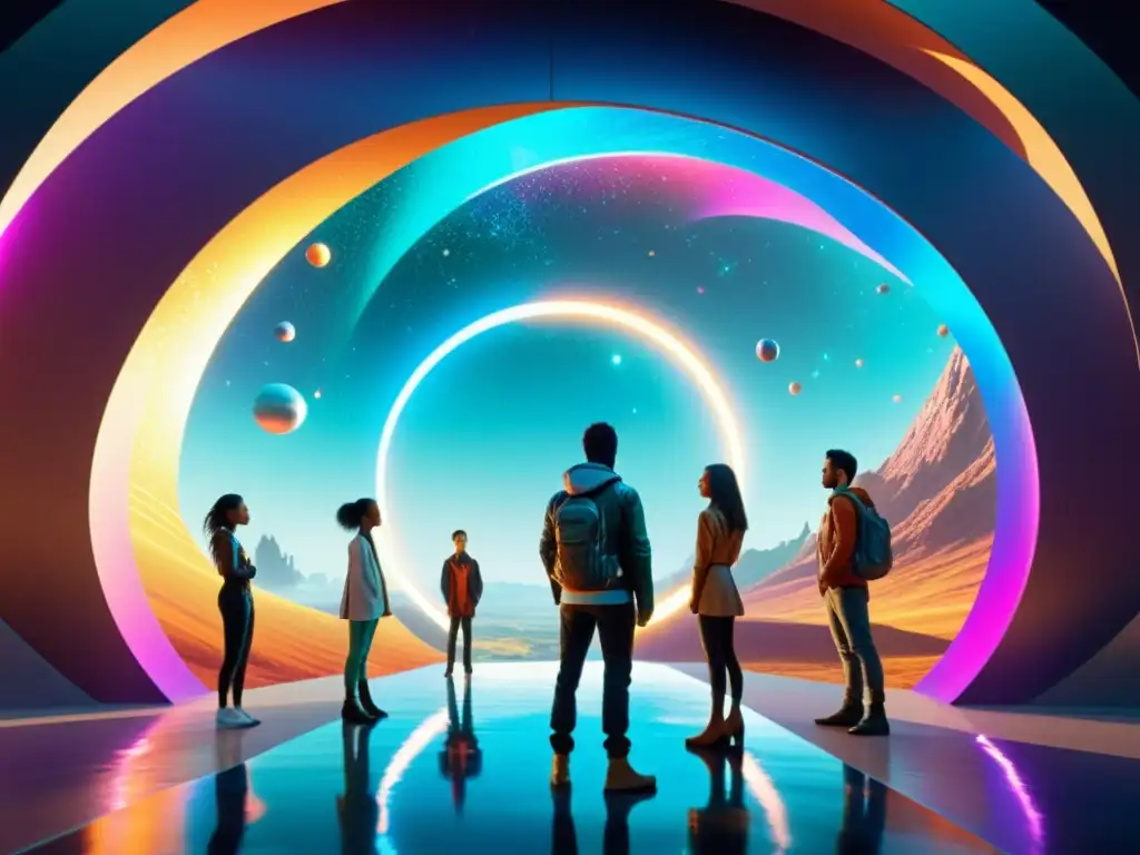 Portales a Universos Paralelos: Aventura y Asombro Un grupo de personajes contempla un portal brillante que muestra universos paralelos asombrosos