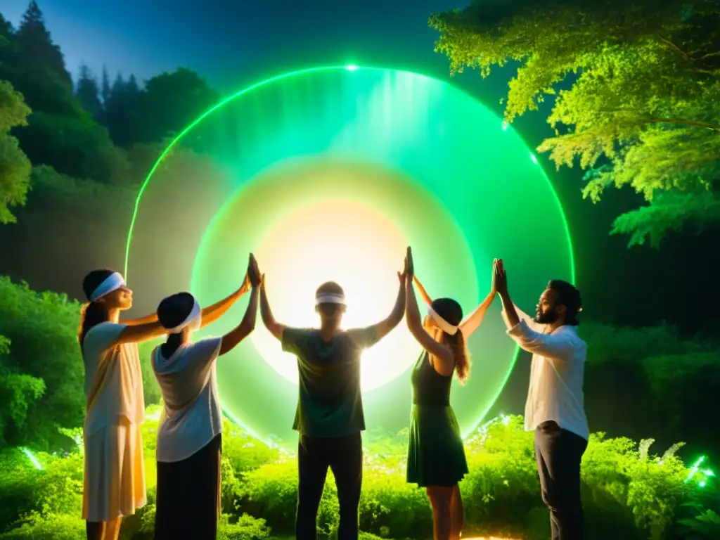 Portal de meditación en la naturaleza: Conexión espiritual Un grupo de personas en meditación conectada en la naturaleza, rodeados de luz