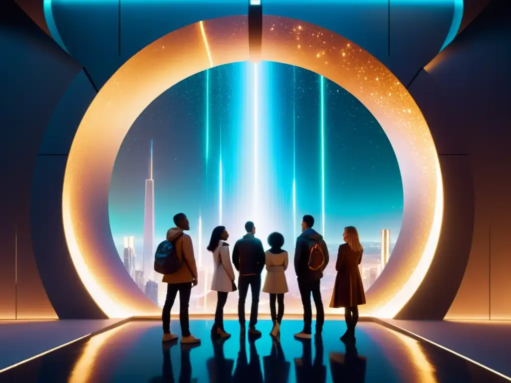 Explorando un portal hacia lo desconocido Un grupo de personas diversas mirando con asombro un portal brillante, evocando la complejidad de la identidad humana en universos paralelos