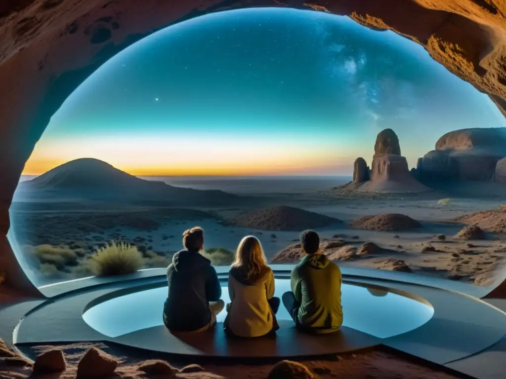 Grupo de personas en dome iluminado, mirando un paisaje misterioso y desolado