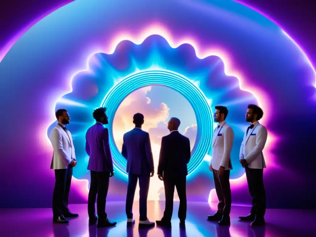 Descubriendo el portal dimensional: un viaje a lo desconocido Un grupo de personas frente a un portal iridiscente con equipo científico