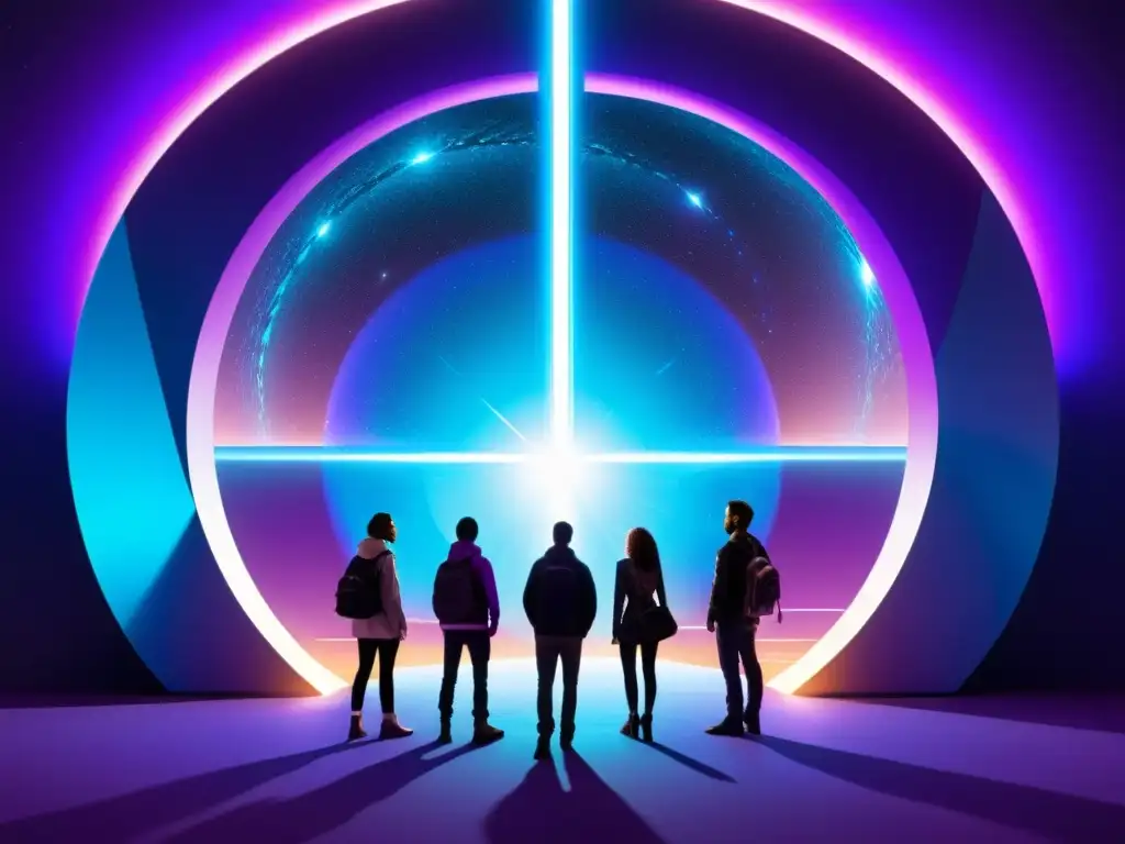 Un grupo de personas contempla múltiples universos a través de un portal brillante, representando la paradoja de elección