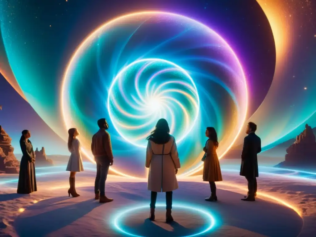 Portal dimensional: explorando lo infinito con asombro Un grupo de personas rodeadas por energía iridiscente, abriendo portales hacia diferentes dimensiones en un paisaje cósmico