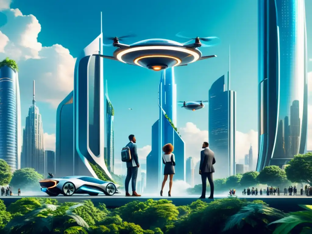 Exploradores del futuro en ciudad interdimensional Un grupo de personas en trajes de alta tecnología en una ciudad futurista con impacto de viajes interdimensionales en la sociedad