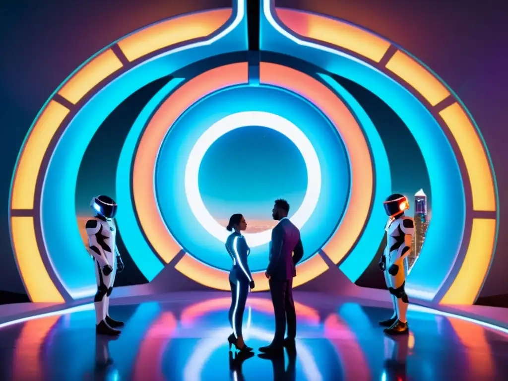 Exploradores del portal cuántico: Un viaje más allá del tiempo y el espacio Un grupo de personas usando trajes futuristas frente a un portal brillante, con tecnología avanzada y una ciudad futurista