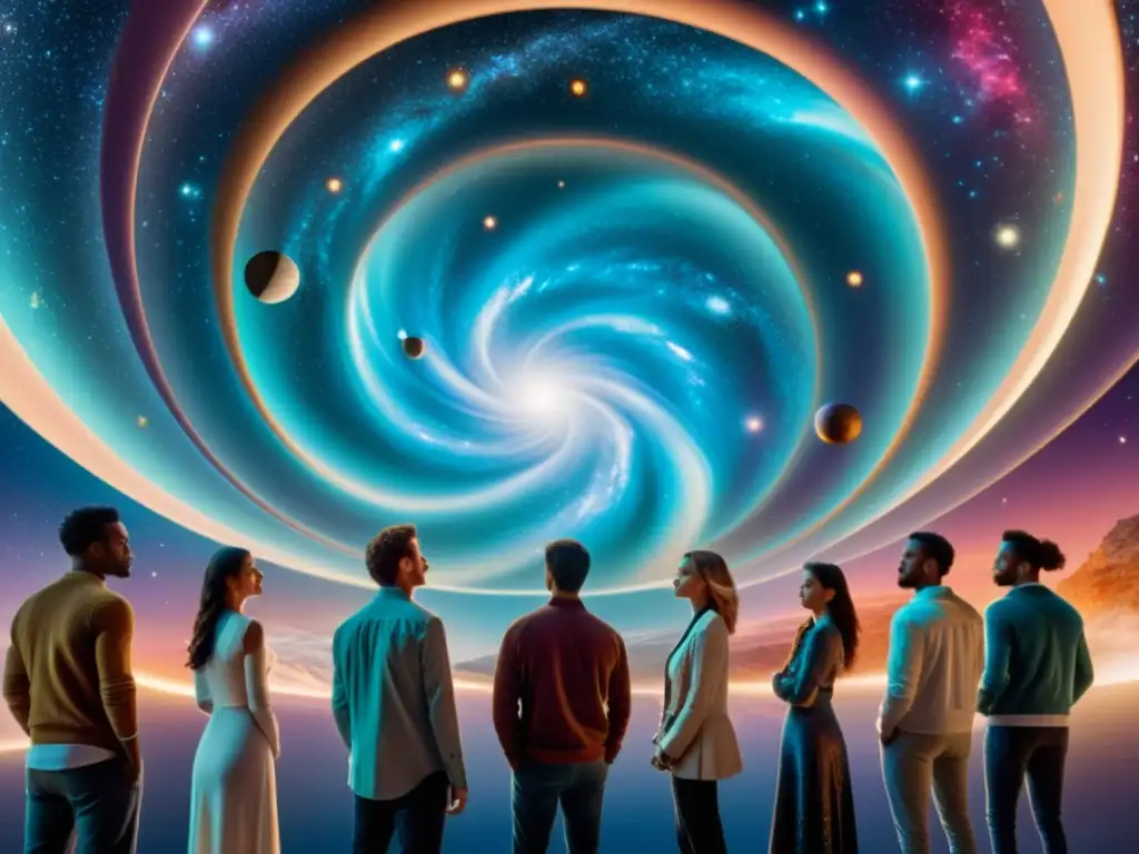 Universo paralelo: Poderes sobrenaturales y tecnología futurista Grupo con poderes sobrenaturales en universos paralelos, mezcla de galaxias y arquitectura futurista