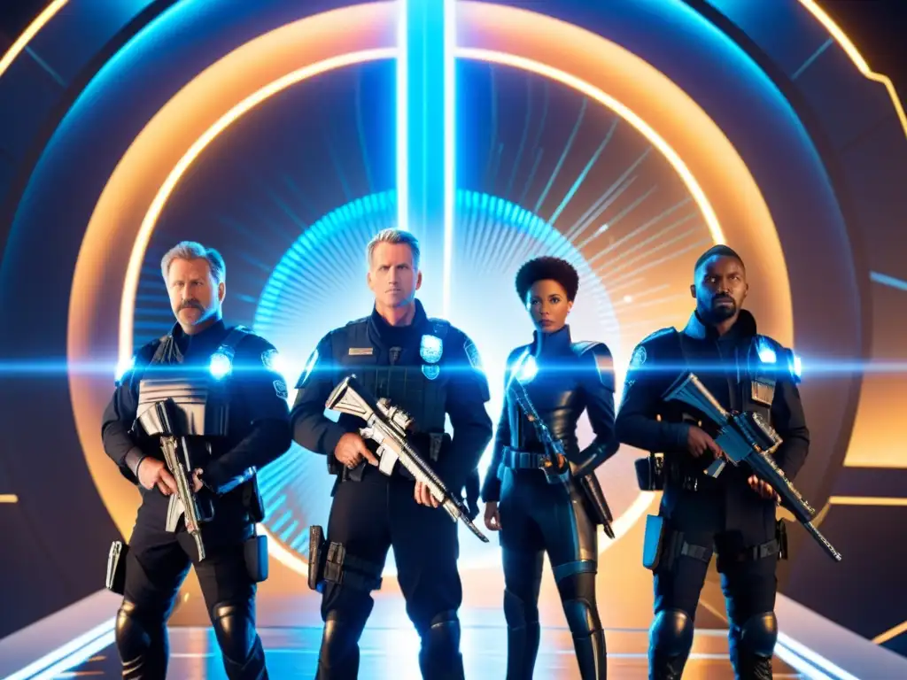 Patrulla temporal: guardianes del multiverso Grupo de policías temporales en viajes interdimensionales frente a un portal reluciente, listos para proteger el multiverso