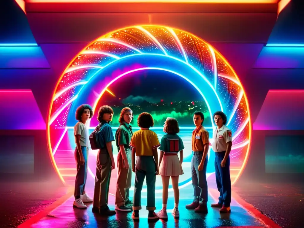 Portal interdimensional: Stranger Things El grupo de Stranger Things se prepara para atravesar un portal multicolor, mostrando fascinación por mundos paralelos