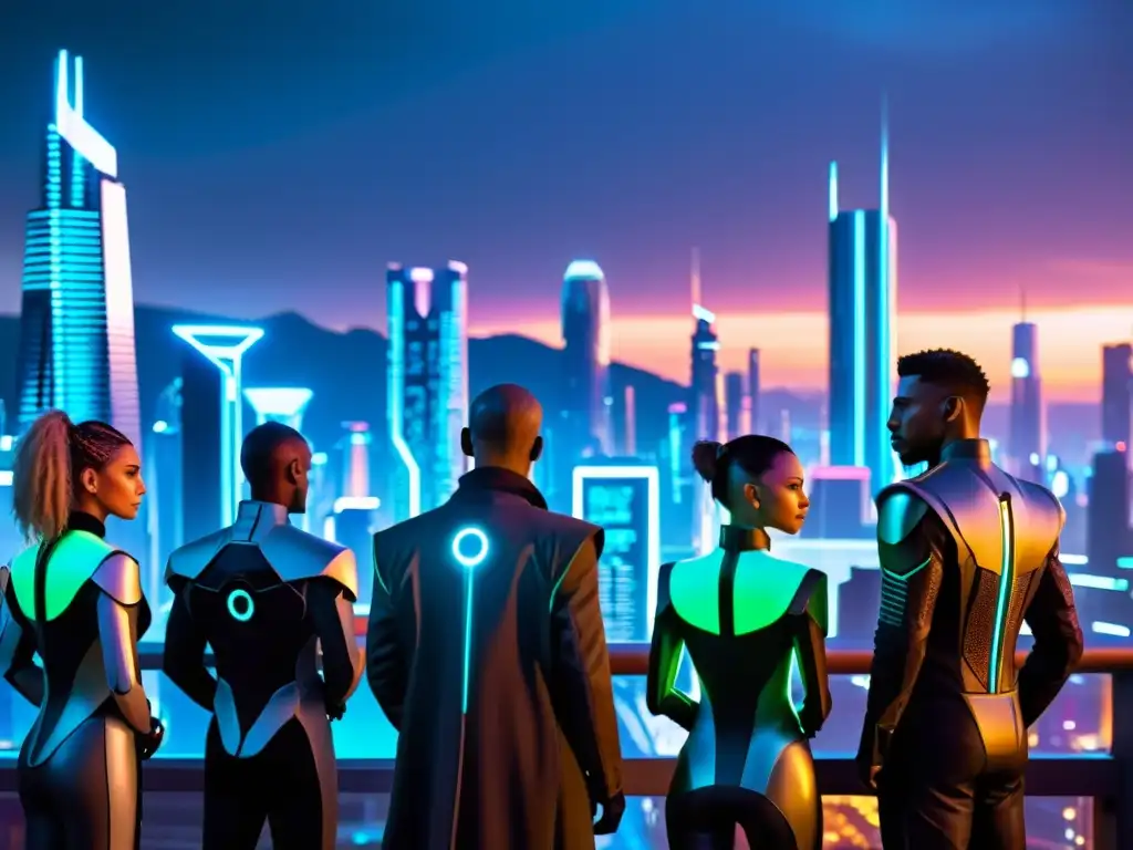 Replicantes futuristas en la ciudad distópica Un grupo de replicantes futuristas en una ciudad oscura y lluviosa