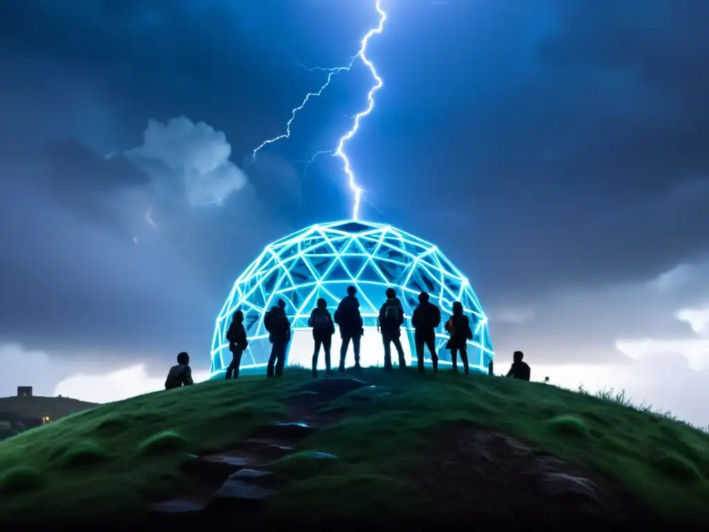 Un grupo de sobrevivientes observando un misterioso domo de energía azul que cubre la ciudad