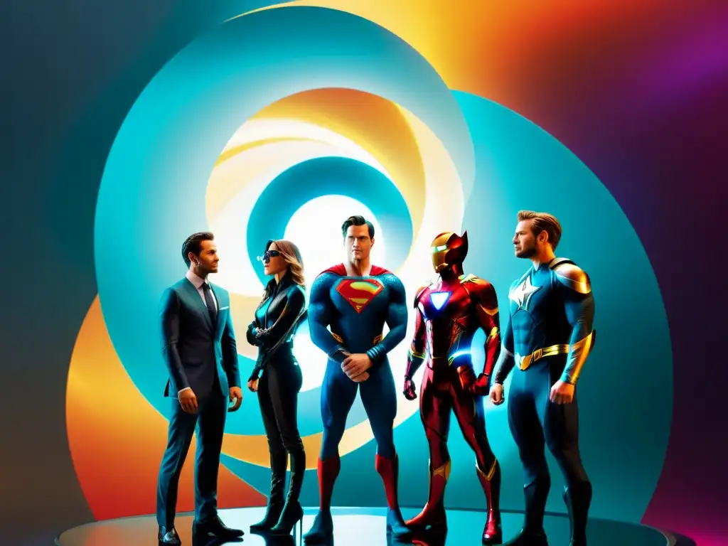 Superhéroes frente al portal interdimensional Grupo de superhéroes en universos paralelos, listos para enfrentar infinitas realidades a través de un portal interdimensional vibrante y futurista