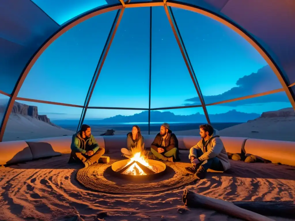 Un grupo de supervivientes se reúne alrededor de una fogata dentro de una cúpula transparente, con un paisaje desolado y misterioso en el exterior