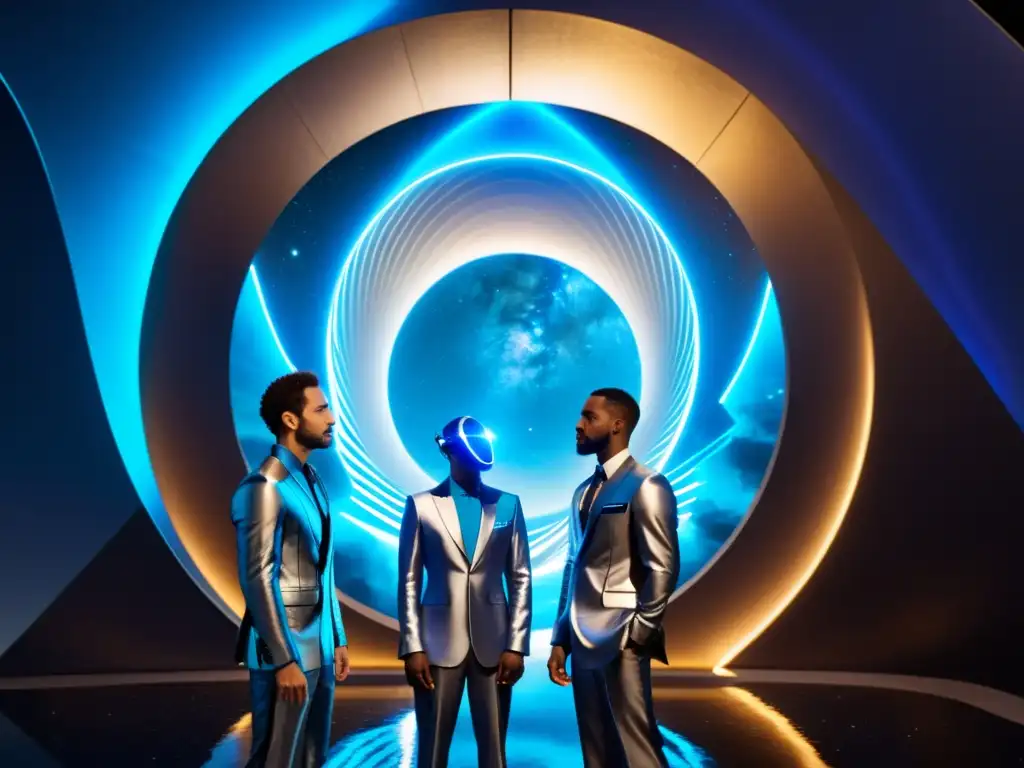 Exploradores del futuro frente al portal dimensional Grupo con trajes futuristas frente a portal interdimensional, reflejando asombro y determinación