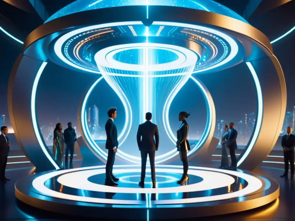 Conversación interdimensional en plataforma futurista Un grupo en trajes futuristas discute frente a portales brillantes con implicaciones éticas viajes interdimensionales