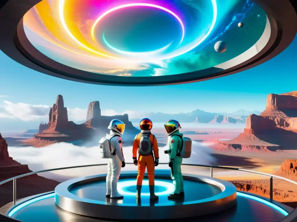 Exploradores maravillados frente al portal dimensional Grupo de turistas en trajes espaciales observando un portal interdimensional con colores vibrantes y tecnología avanzada