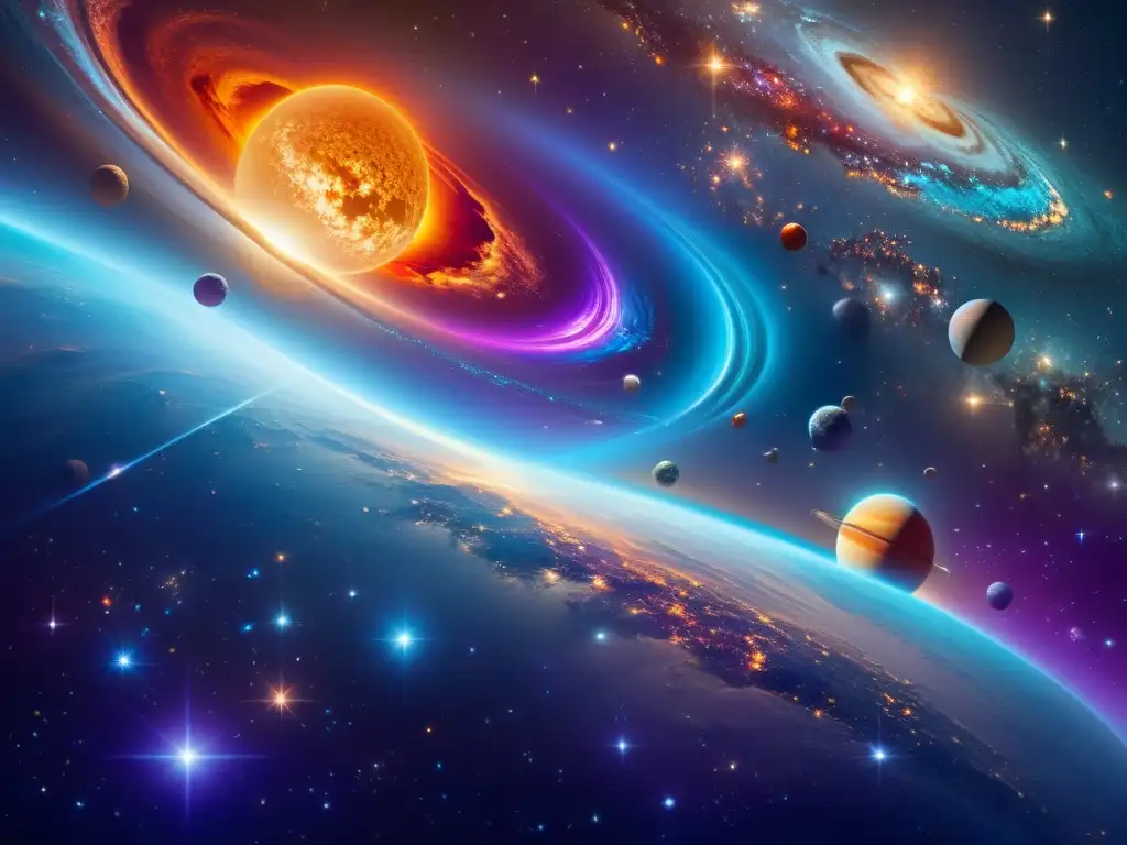Universos interconectados: un espectáculo cósmico Un grupo de universos interconectados y brillantes, con estrellas, planetas y galaxias, desplegándose hacia el infinito