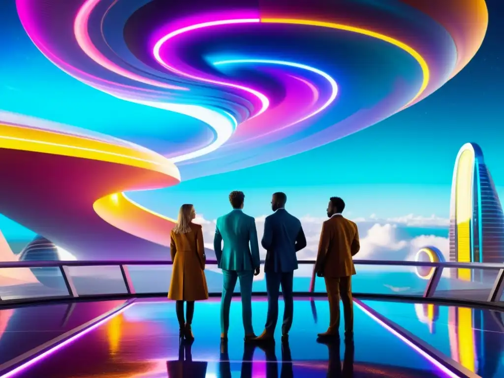 Exploradores interdimensionales listos para la aventura Un grupo de viajeros se prepara para embarcar en interdimensional, rodeados de colores vividos y edificios futuristas