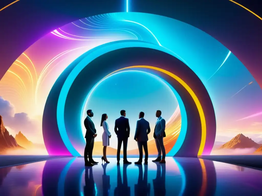 Exploradores interdimensionales frente al portal energético Grupo de viajeros interdimensionales listos para atravesar un portal energético
