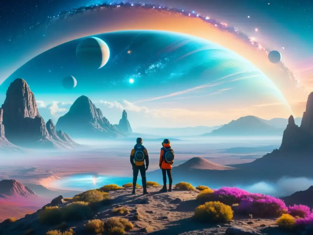 Exploradores interdimensionales en paisaje alienígena Un grupo de viajeros interdimensionales contempla un paisaje alienígena mientras se preparan para su viaje ético en viajes interdimensionales