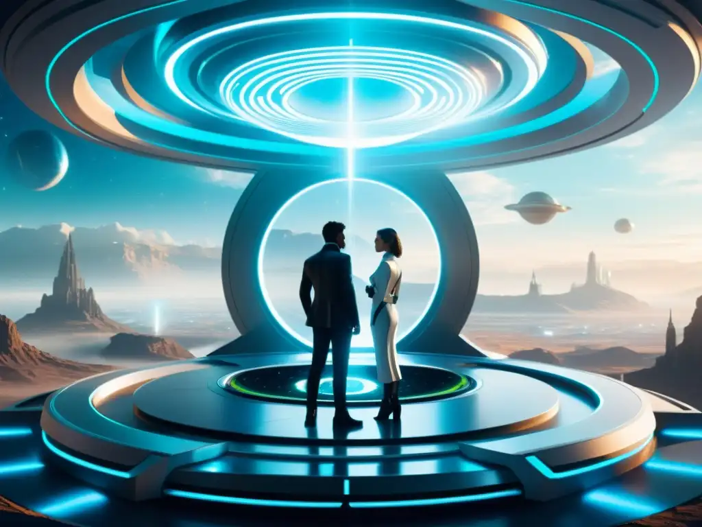 Exploradores interdimensionales en plataforma futurista Grupo de viajeros interdimensionales en plataforma futurista, rodeados de portales y tecnología avanzada