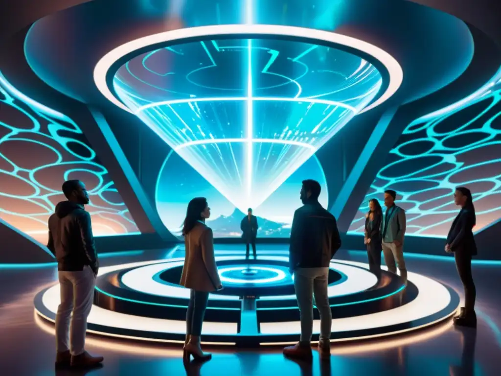Viaje en el tiempo: dilemas éticos y tecnología futurista Un grupo de viajeros contemplando una transferencia de conciencia en un laboratorio futurista