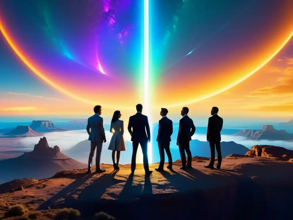 Portal interdimensional: Viaje hacia lo desconocido Grupo de viajeros en el umbral de un portal interdimensional, listos para explorar la conciencia colectiva viajes interdimensionales