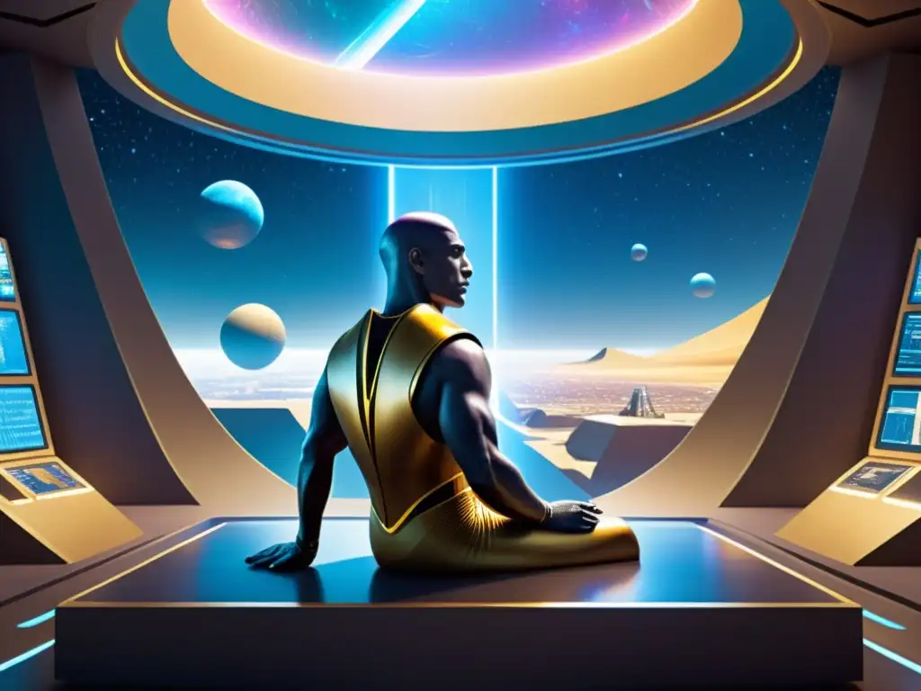 Ozymandias: Reflexiones éticas en Watchmen Ozymandias reflexiona en su guarida futurista, rodeado de tecnología avanzada y pantallas con universos paralelos, capturando la complejidad ética en Watchmen universos paralelos