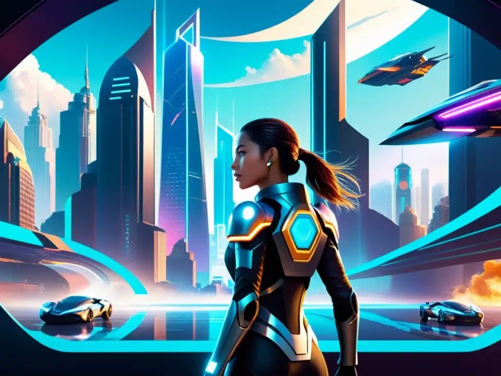 Energía interdimensional: explorando futuros alienígenas Una heroína futurista emerge de un portal en una ciudad alienígena