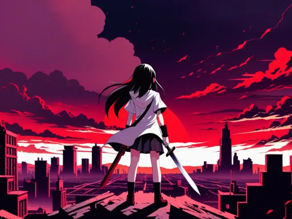 Homura Akemi: Determinación en el apocalipsis - Madoka Magica Homura Akemi desafiando el destino en una ciudad apocalíptica, rodeada de energía mágica y un cielo rojo sangre
