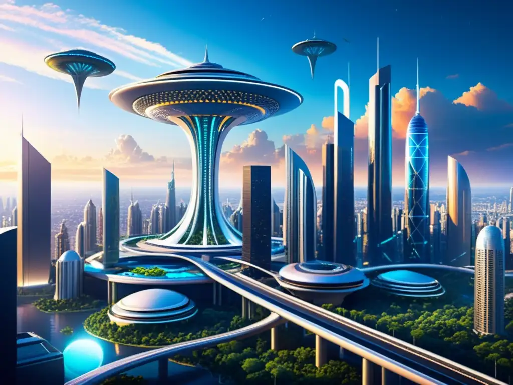 Metrópolis futurista: tecnología avanzada en armonía con la naturaleza Un horizonte futurista frenético con rascacielos imponentes y redes de transporte brillantes