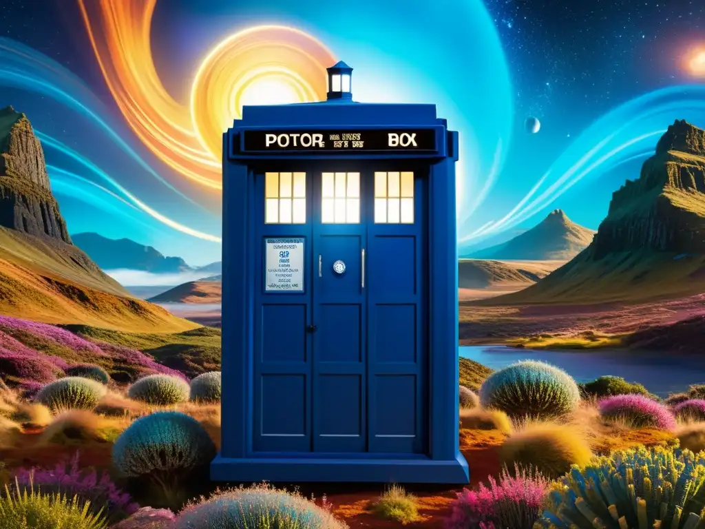 La TARDIS de Doctor Who materializándose en un paisaje alienígena vibrante La icónica TARDIS de Doctor Who materializándose en un paisaje alienígena, capturando la esencia de viajes interdimensionales en Doctor Who