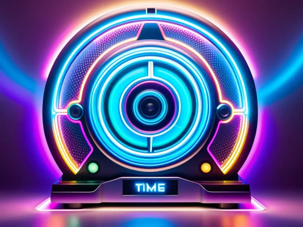 Viaje interdimensional: Máquina del tiempo futurista Una ilustración detallada de una elegante y futurista máquina del tiempo rodeada de vórtices de luz y energía, exudando exploración viajes interdimensionales cronomecánica