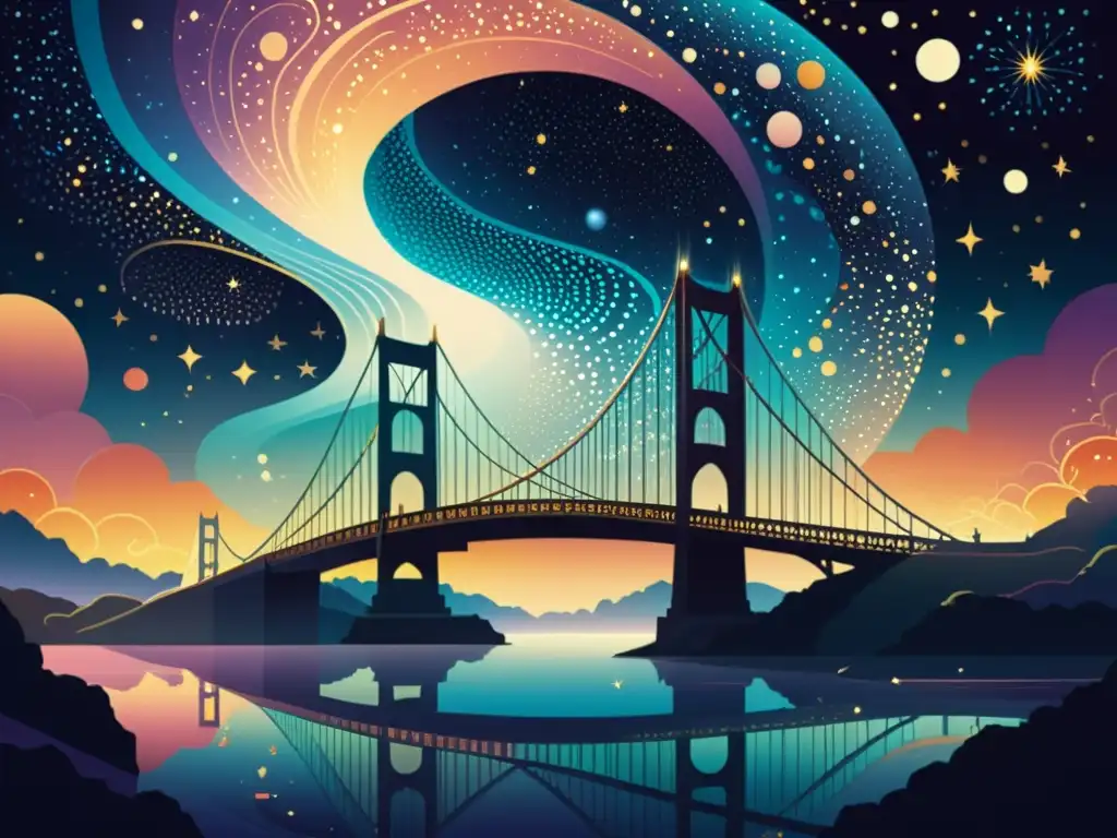 Puente interdimensional: maravilla futurista entre mundos Una ilustración detallada de un puente intrincado y majestuoso, con energía brillante y ondulante fluir a través de su estructura arquitectónica