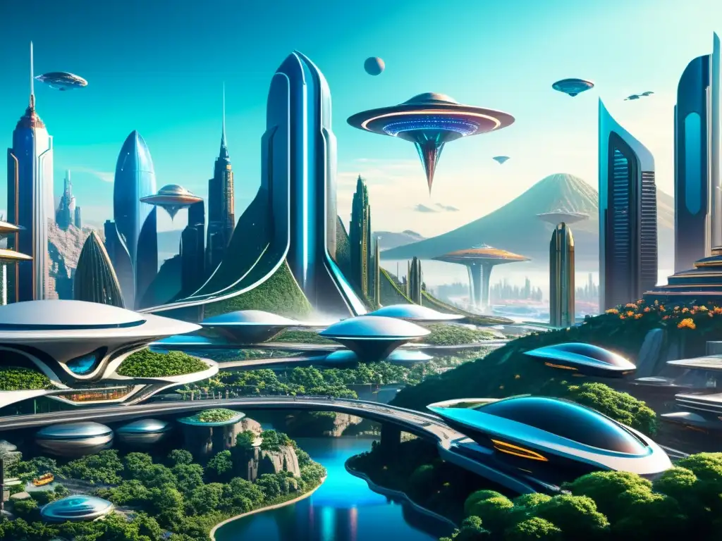 Futurista ciudad alienígena con tecnología avanzada Una ilustración digital detallada en 8k de una ciudad futurista con rascacielos, vehículos voladores y hologramas, en un paisaje alienígena