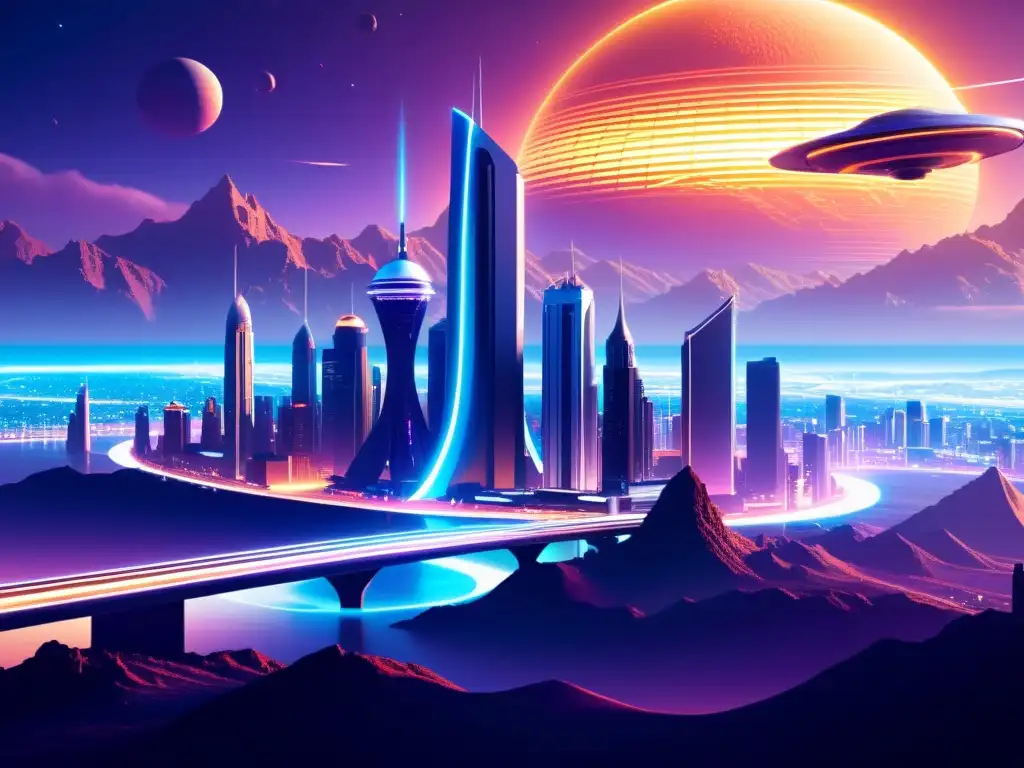 Metrópolis futurista en exoplaneta: exploración y tecnología avanzada Una ilustración digital detallada de una ciudad futurista en un exoplaneta, con rascacielos metálicos y luces de neón