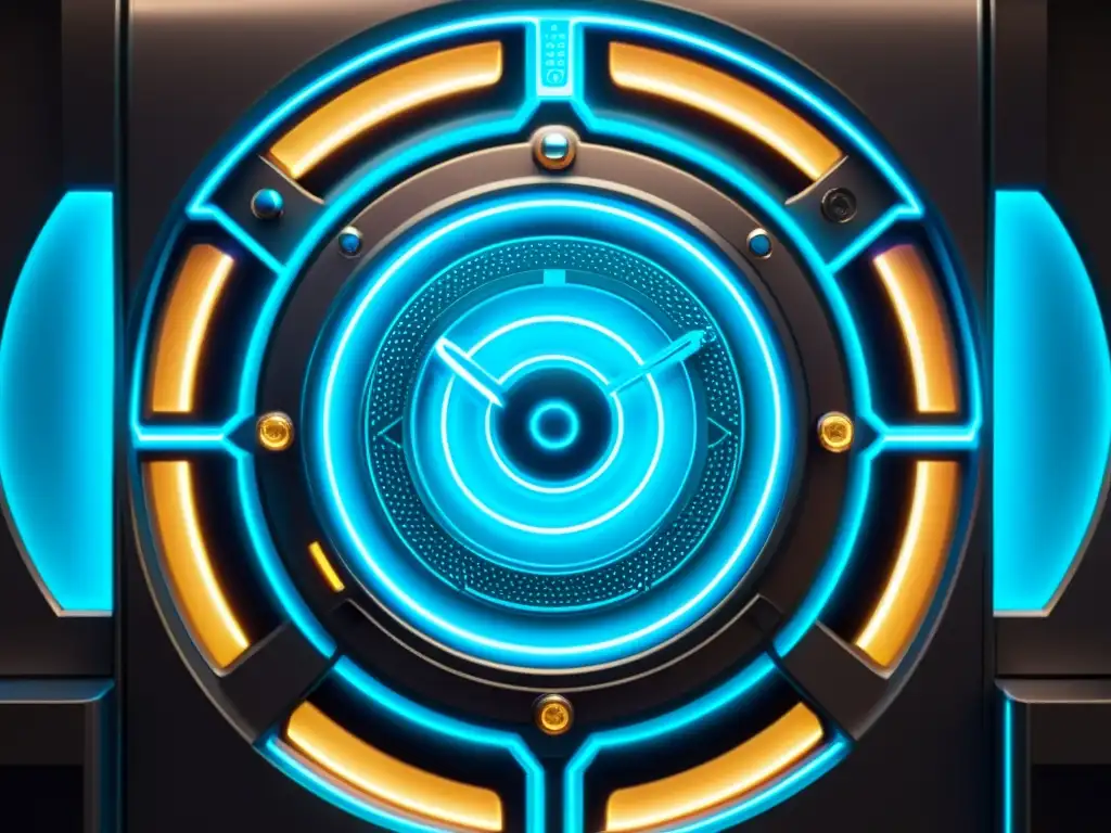 Máquina del tiempo futurista en laboratorio Una ilustración digital detallada de una elegante y futurista máquina del tiempo, rodeada de una energía azul y circuitos intrincados