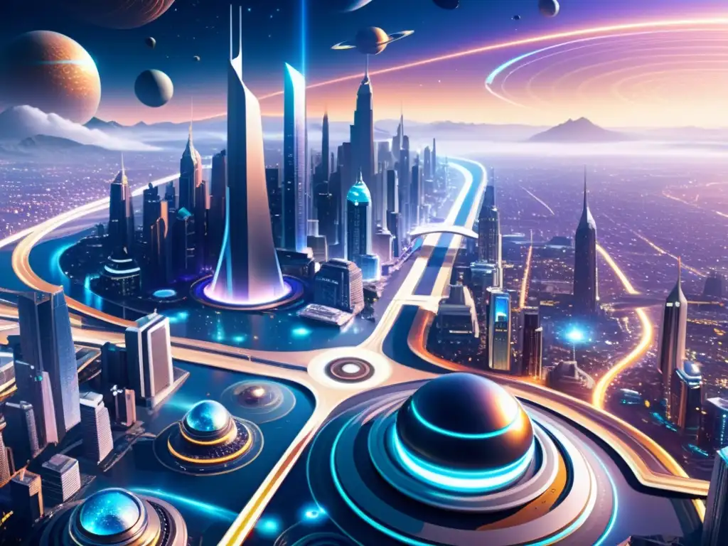 Metrópolis ultradetallada en 8k con universos paralelos Una ilustración digital detallada en 8k de una metrópolis futurista con rascacielos relucientes y vehículos futuristas surcando el aire