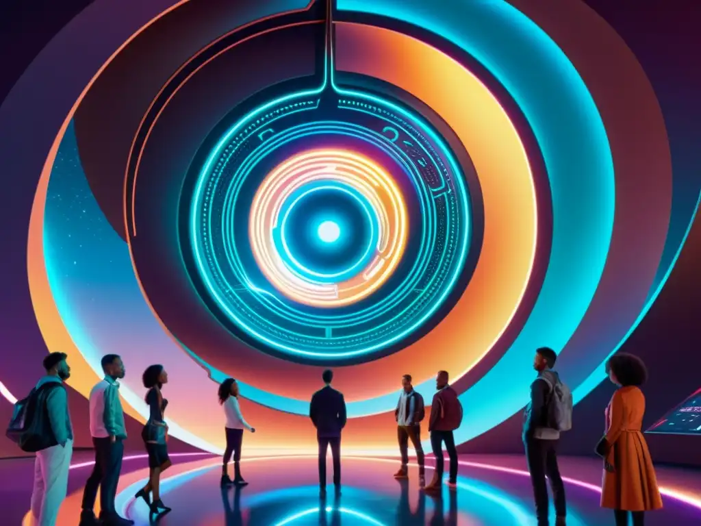 Una ilustración digital detallada de un portal brillante rodeado de tecnología futurista y energía resplandeciente, con múltiples capas de dimensiones cambiantes